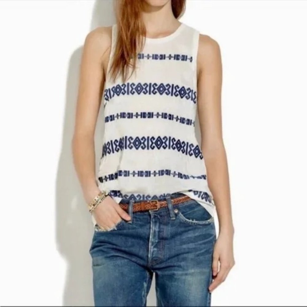 Madewell Blue and White Embroidered Sleeveless Tank